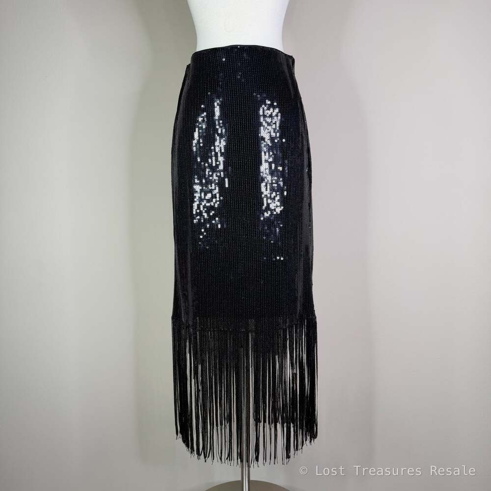 Muse | Black Sequin Fringe Pencil Midi Skirt Party Cocktail Glam Rocker US 4 - Picture 2 of 8